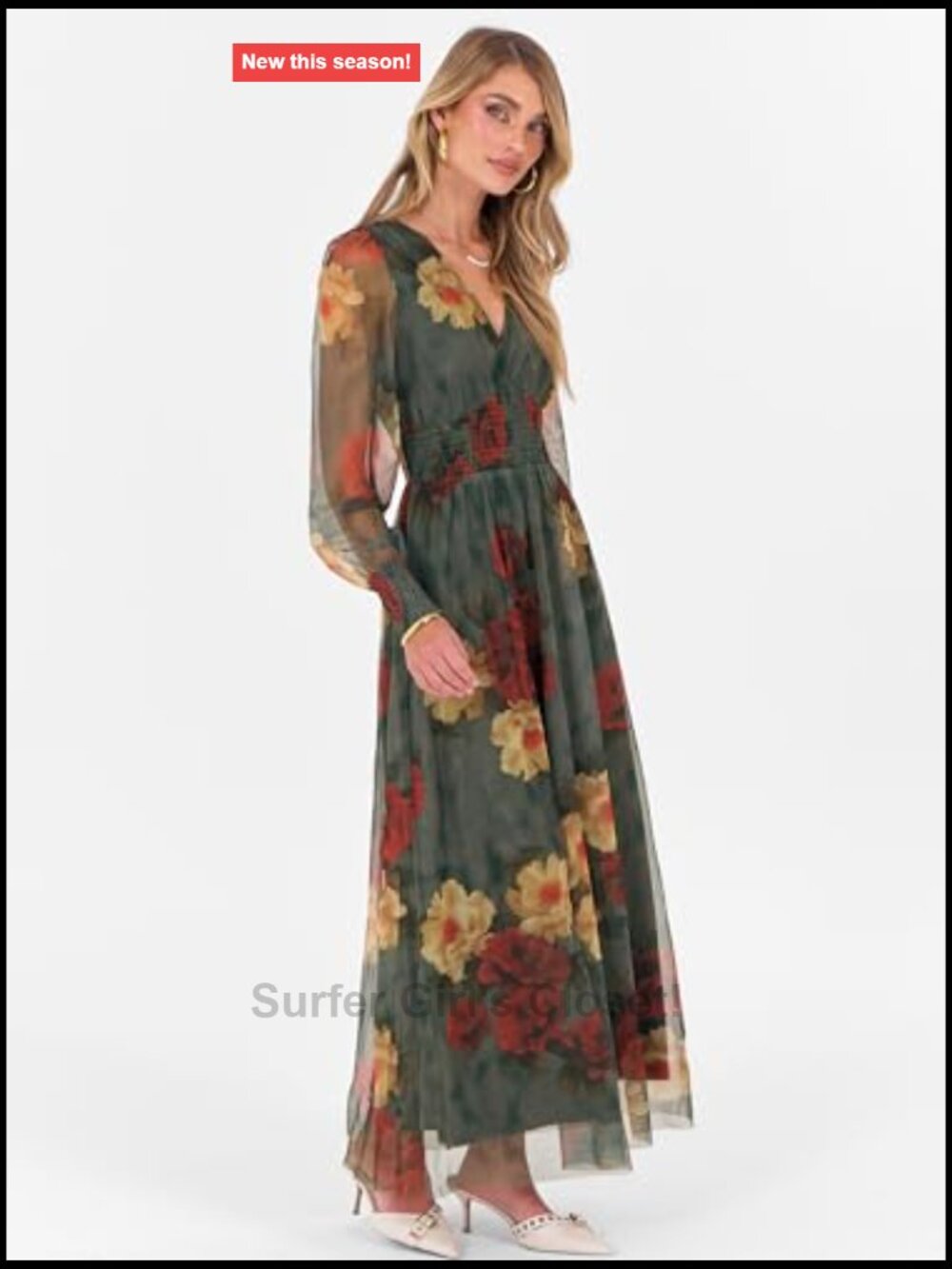 Women's Floral Tulle Long Sleeve V-Neck Maxi Dress - Wedding Guest - Picture 5 of 7